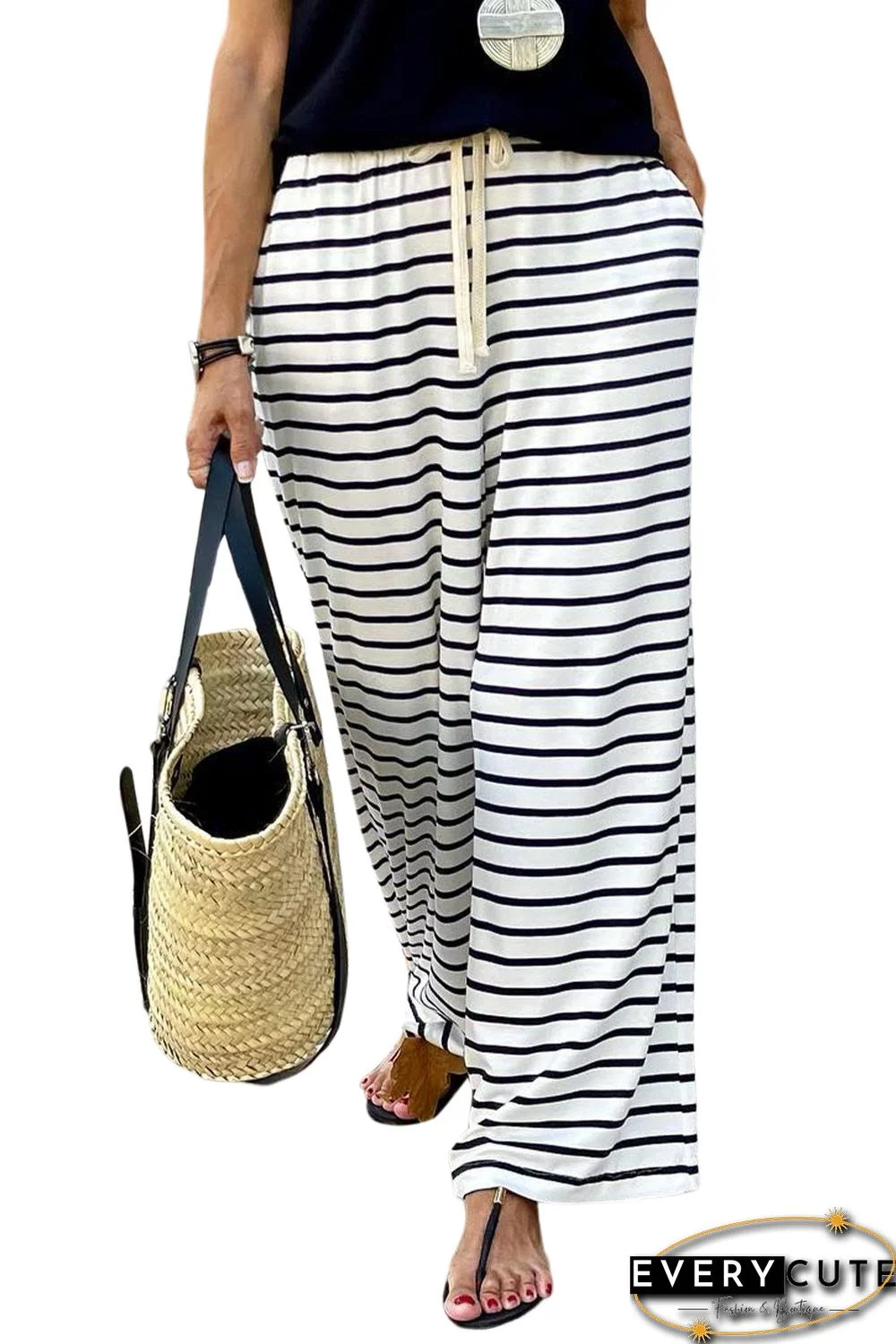 White Drawstring Striped Wide Leg Pants