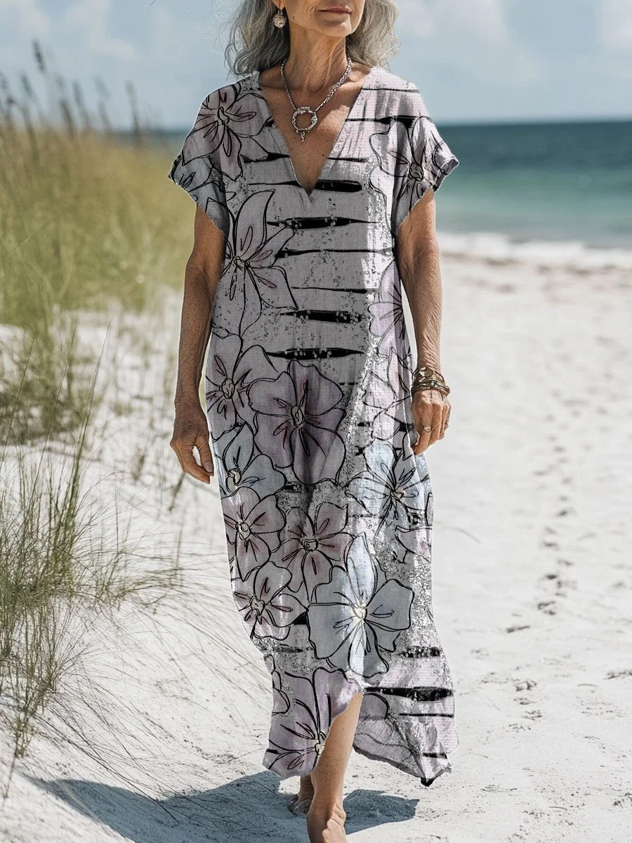 Women's Vintage Flower Art Print Pocket Cotton Dress