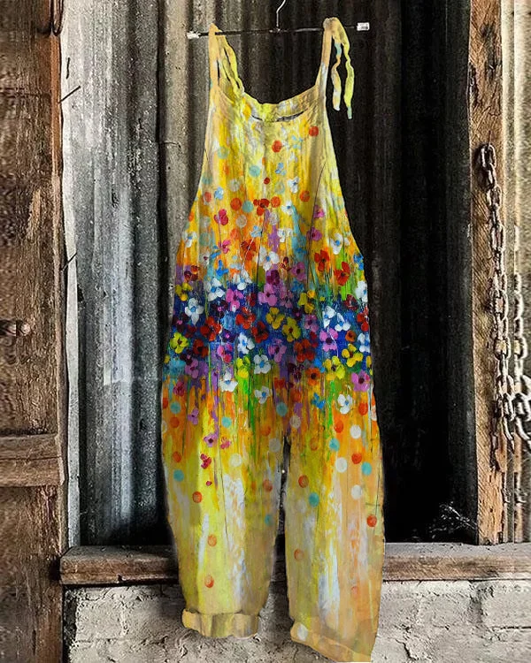 Fashion Oil Painting Style Floral Women Casual Linen Jumpsuits