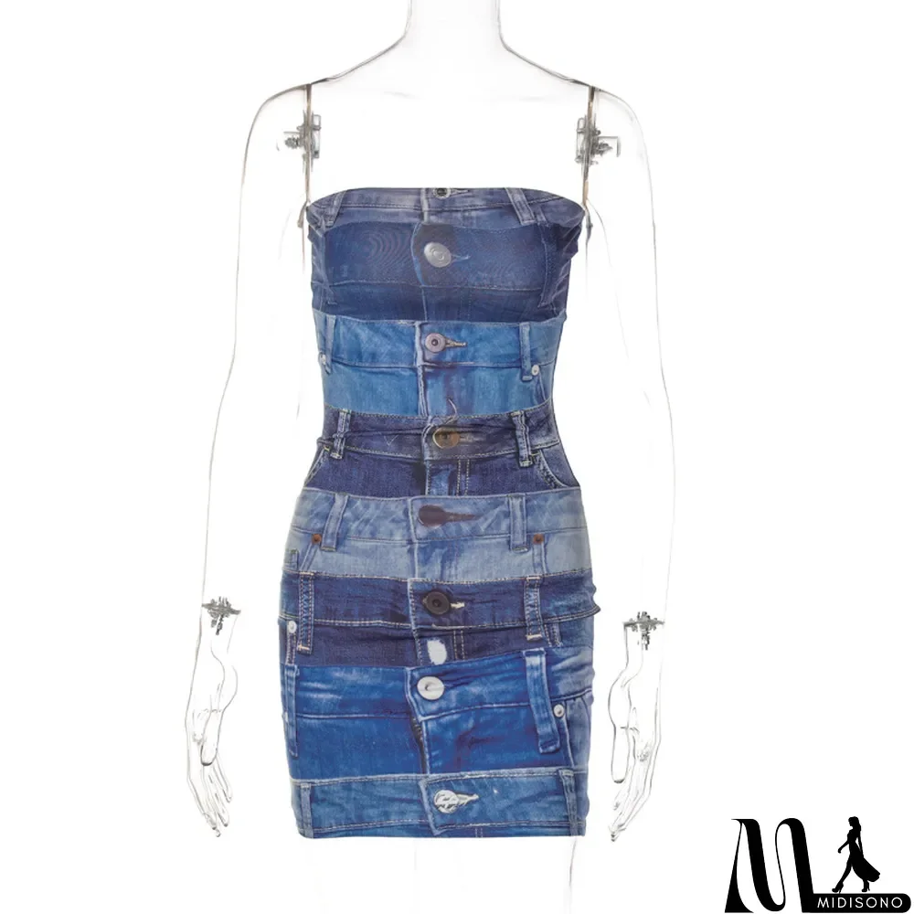 MidiSono - Women's Spring Fashion Print Style Slim Low Back Strapless Bodycon Dress