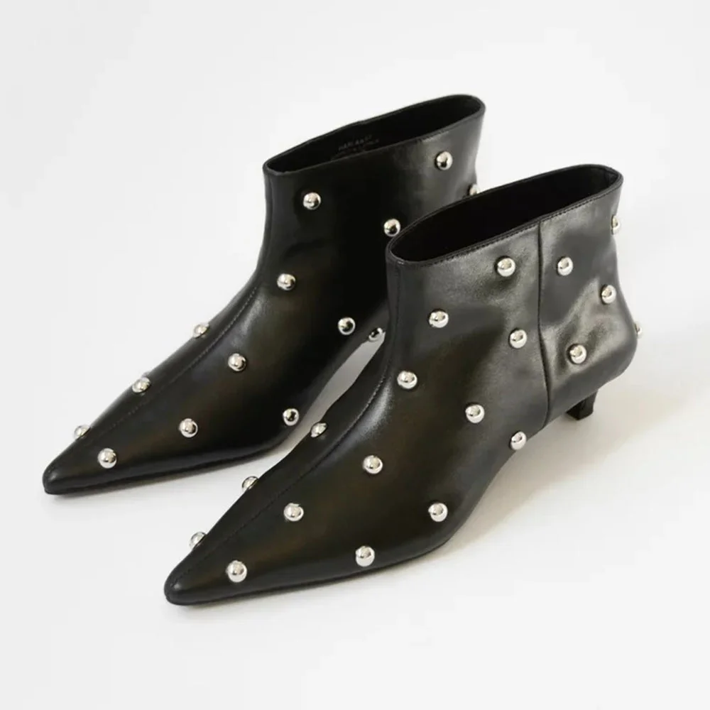 Women's Short Black Pointed Toe Studded Slip On Kitten Heel Boots