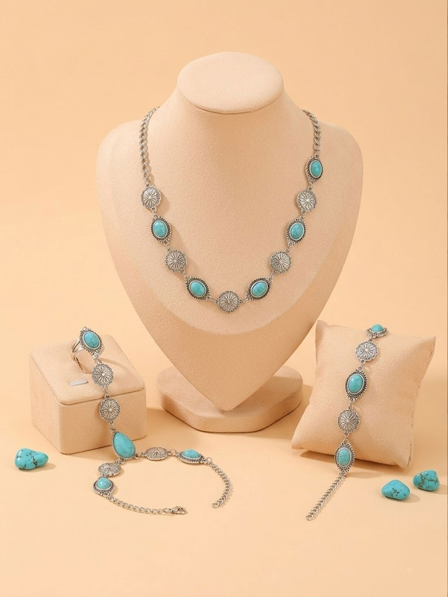 2026 SS Western Romance &mdash; Vintage Turquoise Heavy Antique Silver Engraved Necklace & Slave Bracelet Set