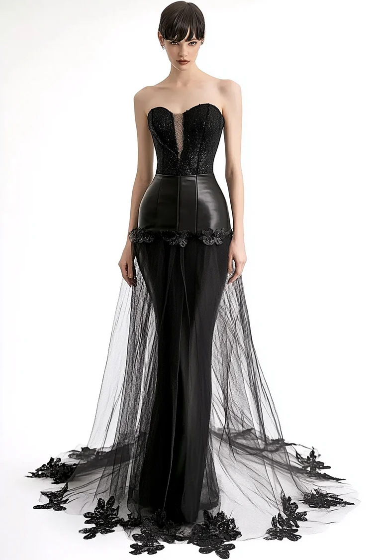 Strapless Mesh 3D Floral Layered Maxi Dress-Black [Custom-Made]