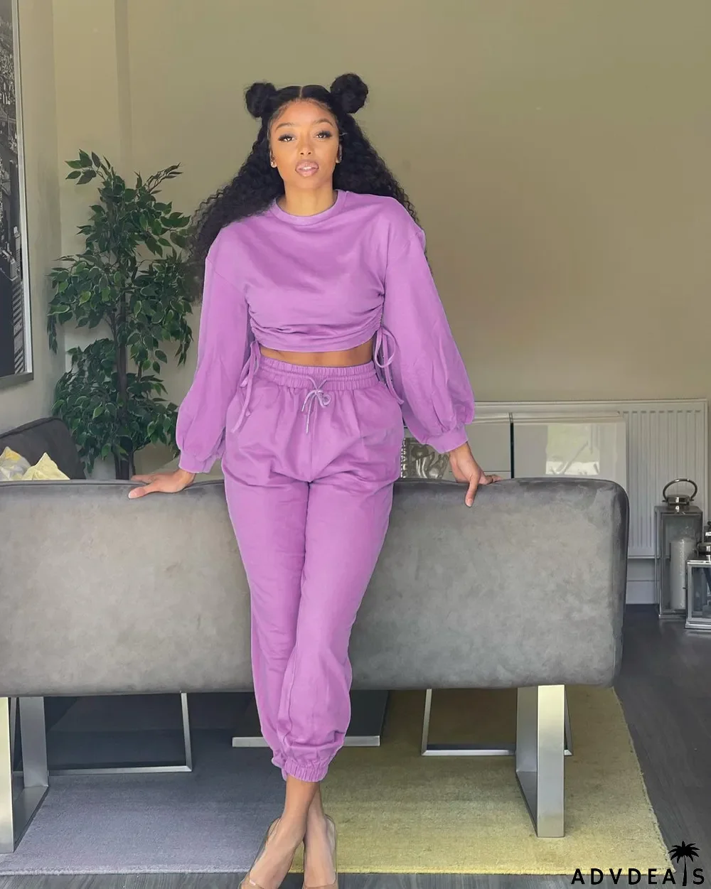 Solid Drawstring Long Sleeve 2 Piece Pants Set
