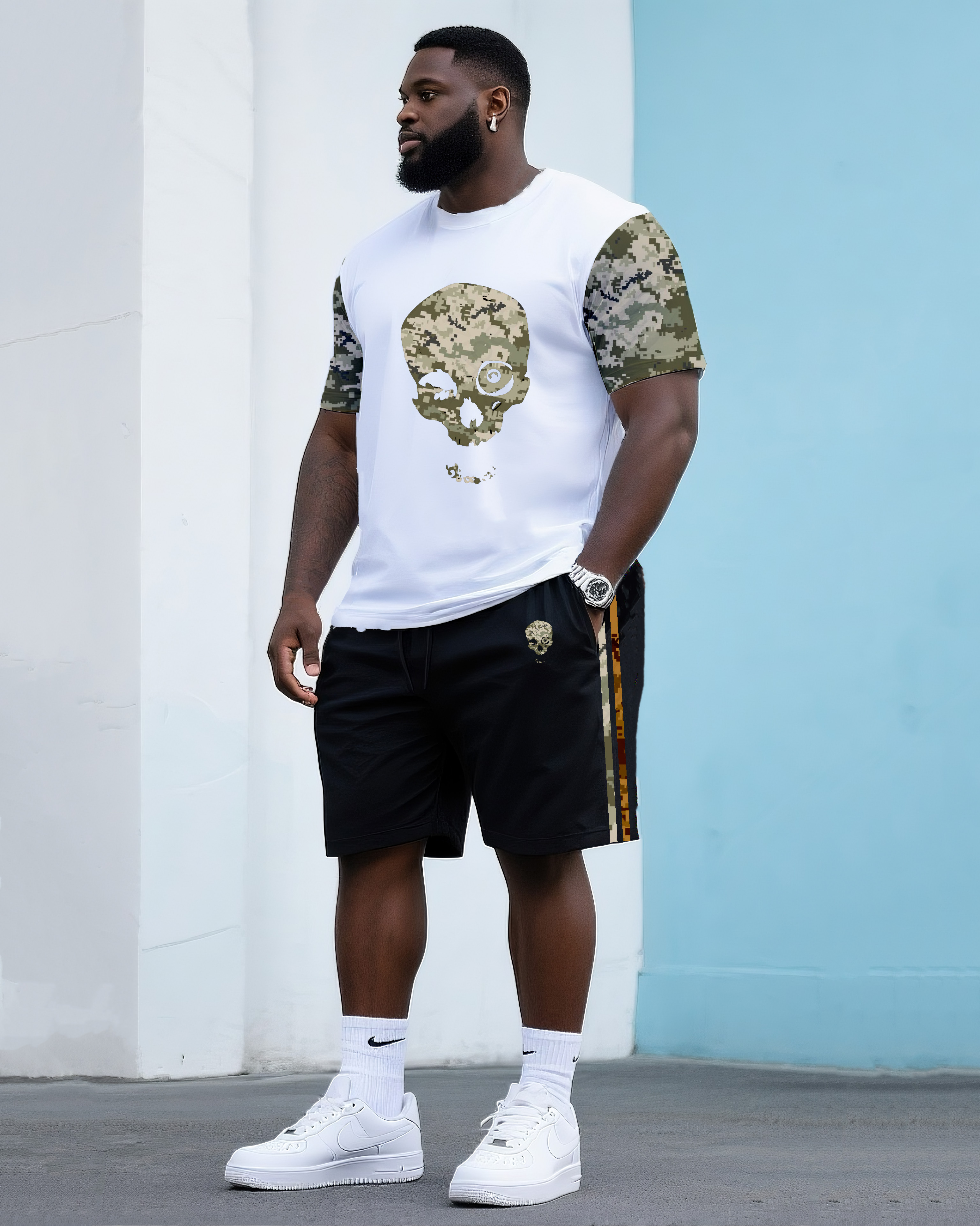 Big & Tall Men's Street Fashion Man Smell Camouflage Horror Skull Crewneck T-Shirt Shorts Suit