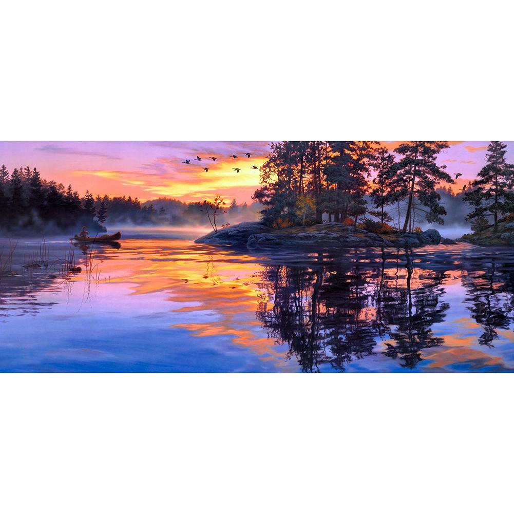 Sunset Lake Scene - Round Drill Diamond Painting - 60x30cm