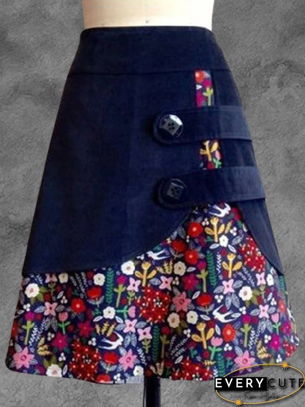 Dark Blue Printed Floral A-Line Vintage Casual Skirt
