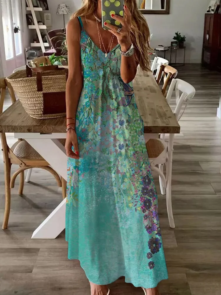 Elegant Floral Art Print V Neck Cami Maxi Dress