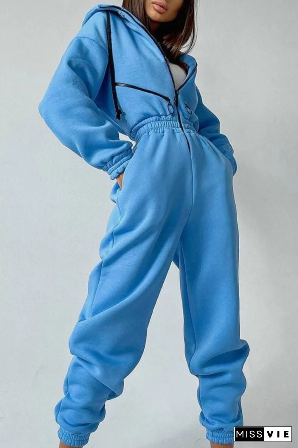 Street Solid Patchwork Hooded Collar Jumpsuits