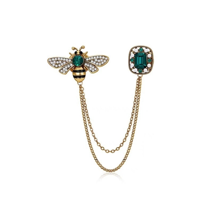 Bee Tassel Brooch Vintage Distinctive Chain Emerald Gem Corsage Collar Pin Suit Jacket Pin Accessories