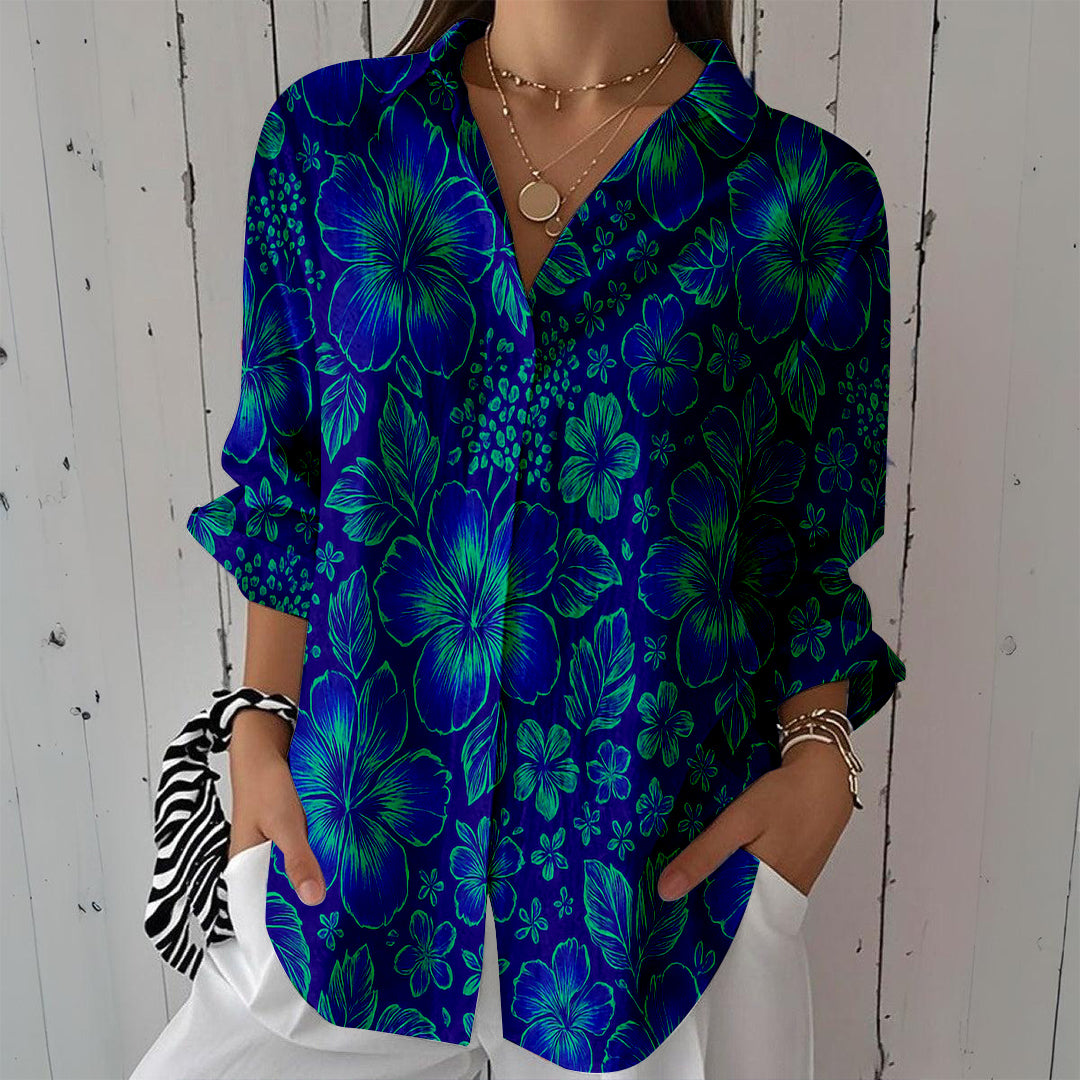 Women Long Sleeve V-neck Graphic Floral Printed Top