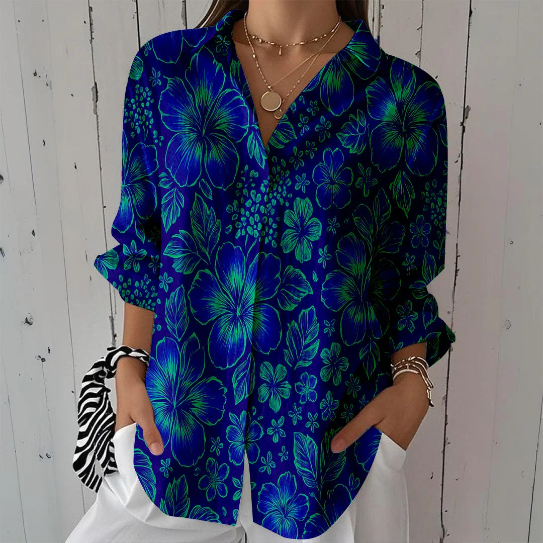 Style & Comfort for Mature Women Women Flowers, Blue DZCL0359 3/4 Sleeve Shirt Collar Printed Button Tops