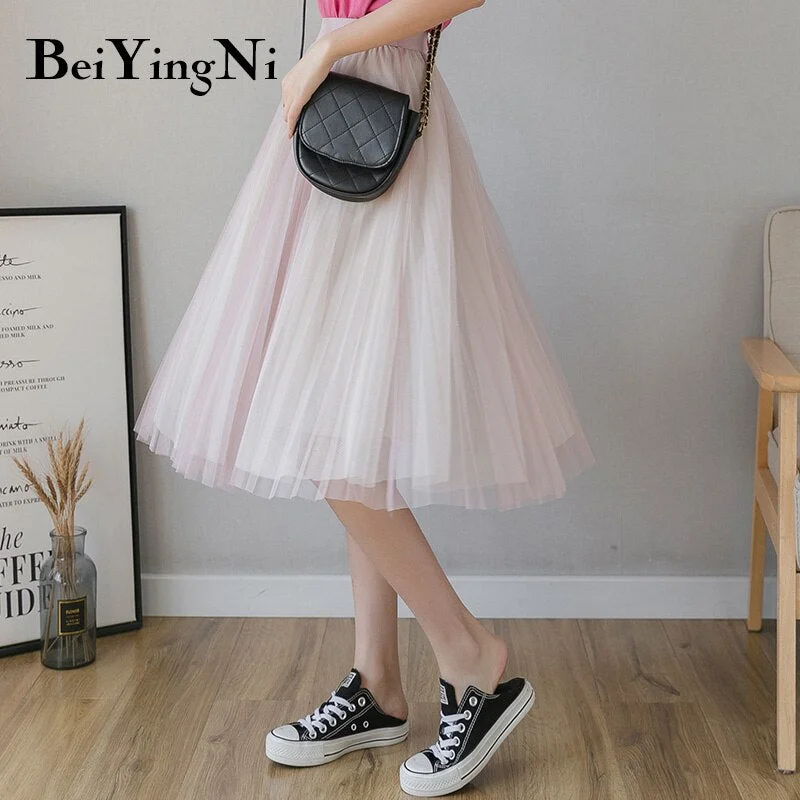 Beiyingni Tulle Skirts Womens Midi Pleated Skirt Pink Tulle Skirt Women 2019 Spring Summer Korean Elastic High Waist Mesh Jupe