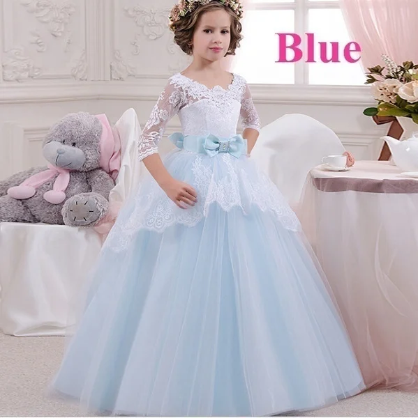 Backless Embroidery Bow Decoration Floor Length Tulle Party Dress for Teenager Children Wedding Christmas Party Costume for 5-14Y