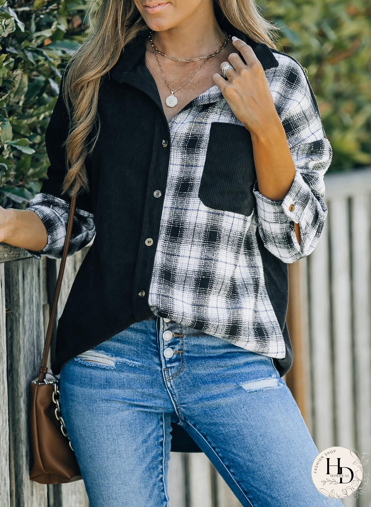 Double Take Plaid Color Block Dropped Shoulder Corduroy Shacket
