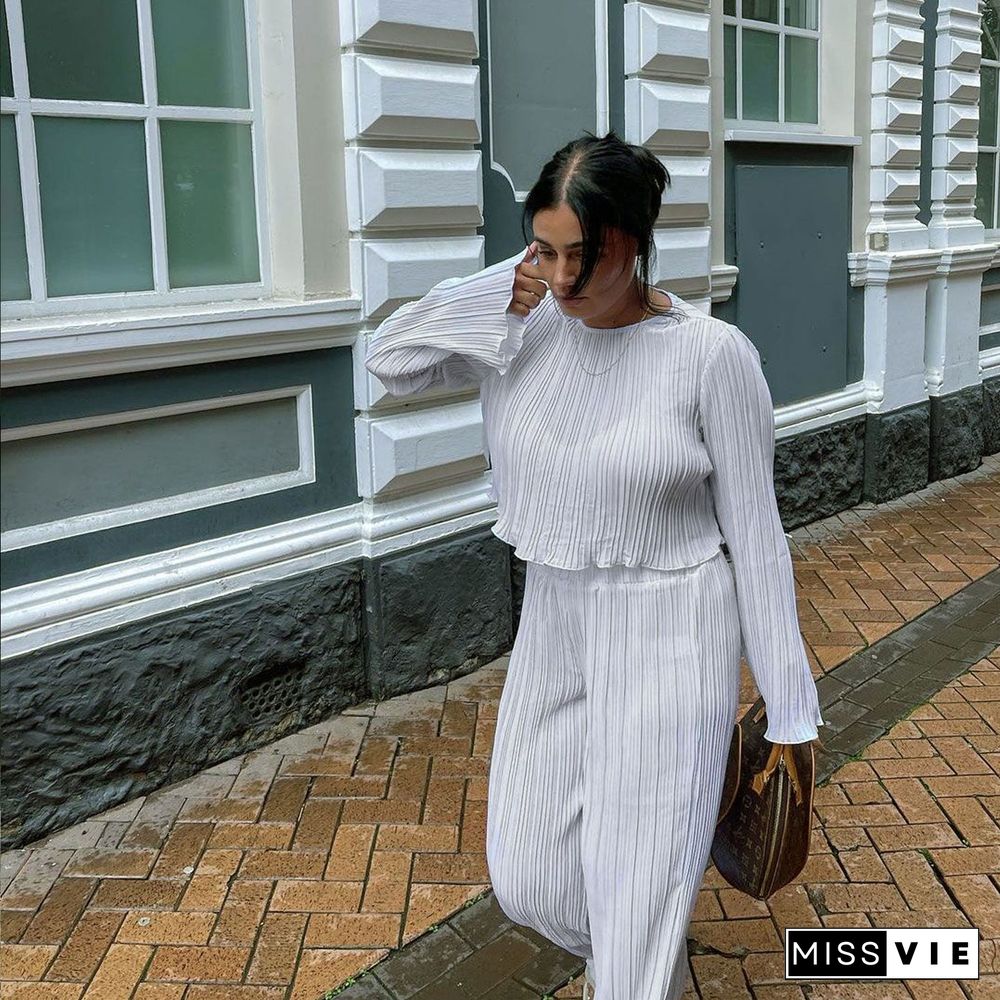 Pleated Loose Blouse Crop Top Wide Leg Pants Outfits