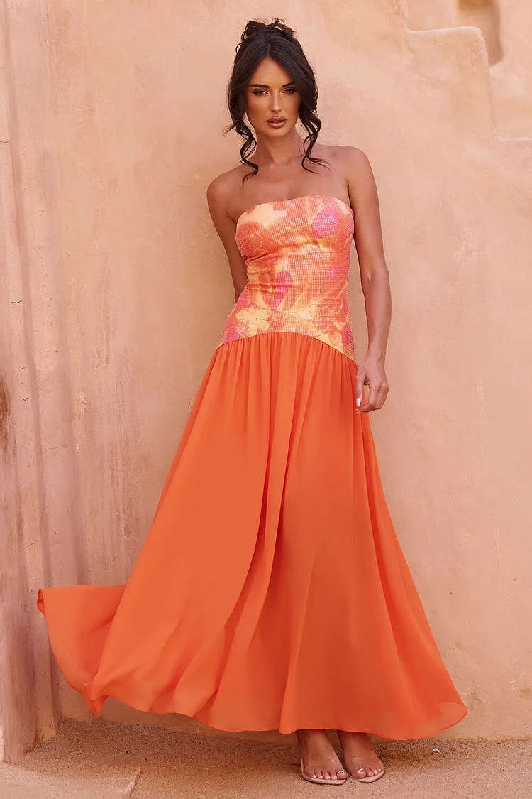 Floral Print Strapless Semi-Fitted Flowy Hem Maxi Dresses-Orange [Pre Order]
