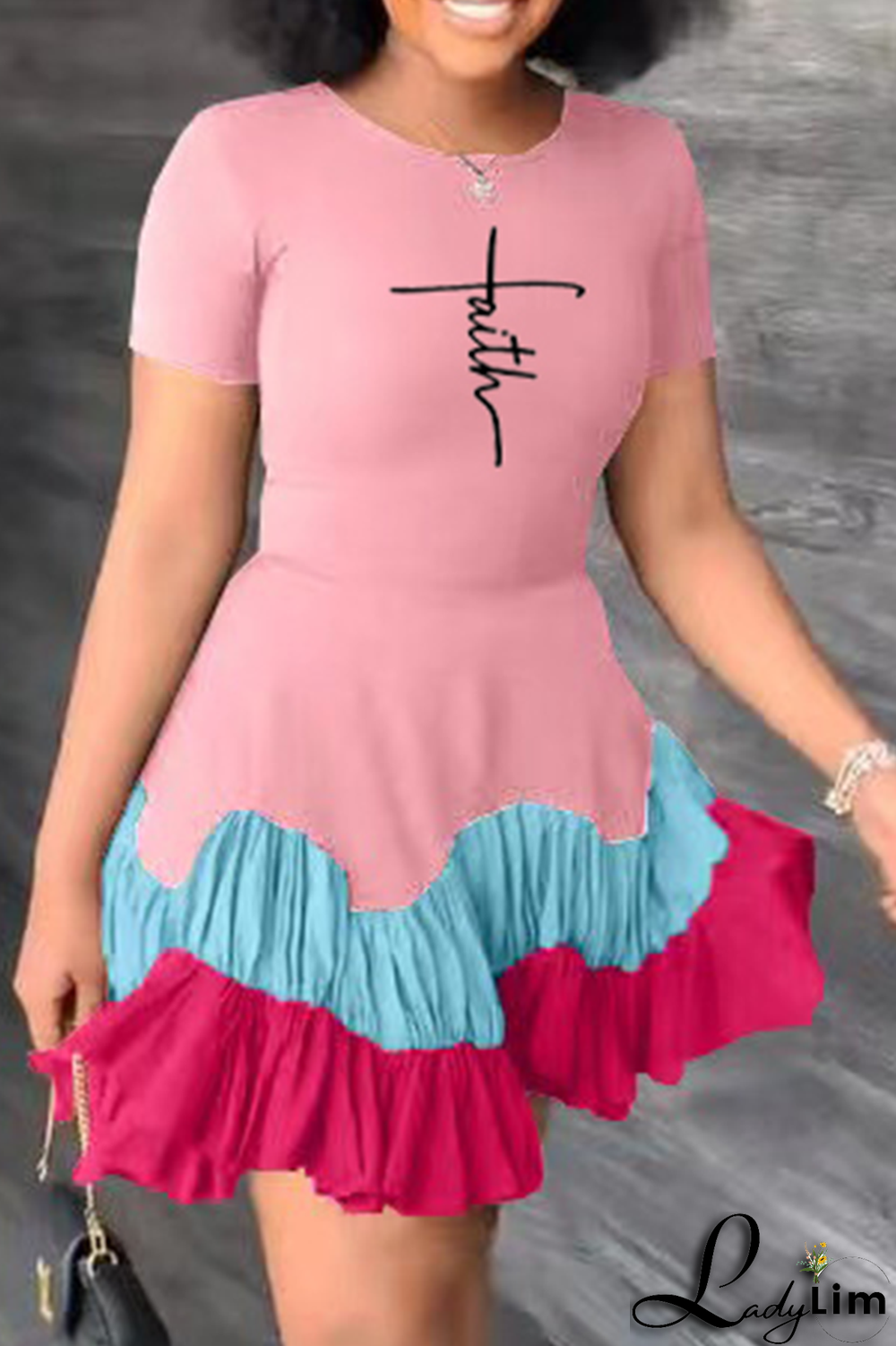 Black Fashion Print Flounce O Neck Cake Skirt Dresses