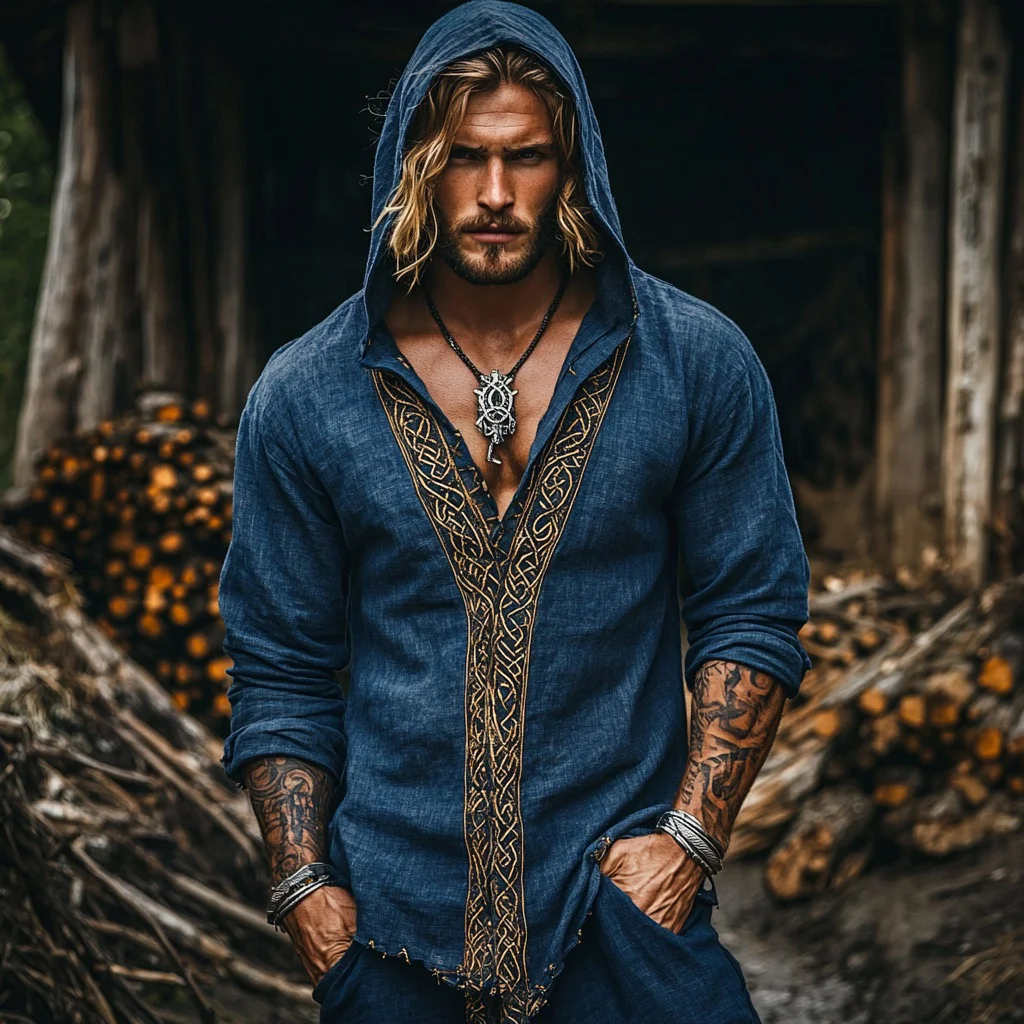  Viking-Inspired Hooded Shirt with Embroidered Details-inspireuse