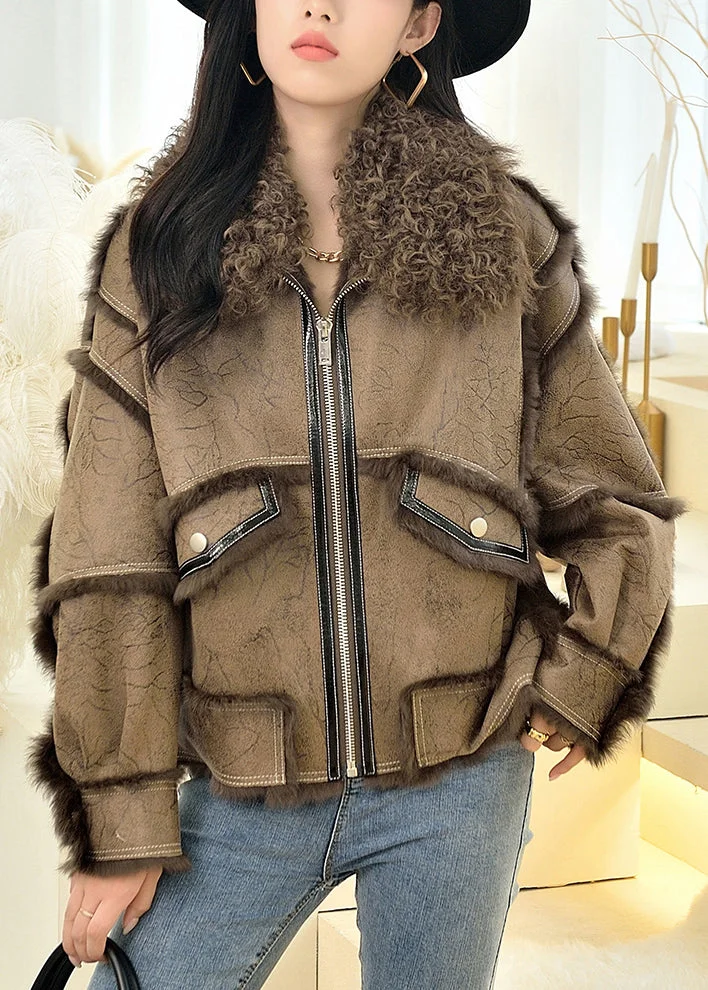 New Coffee Fur Collar Zip Up Patchwork Leather And Fur Coat Winter