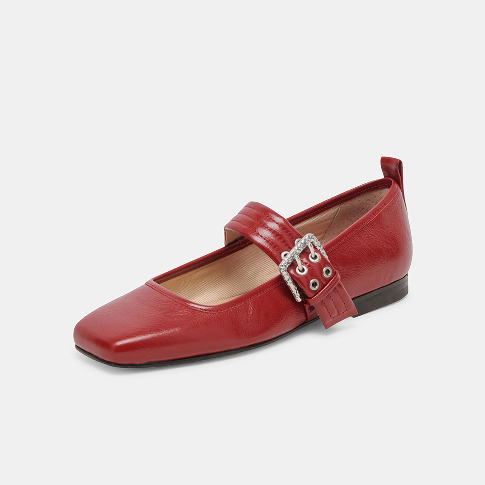 Red Vegan Leather Square Toe Flat Buckle Mary Jane Shoes Nicepairs