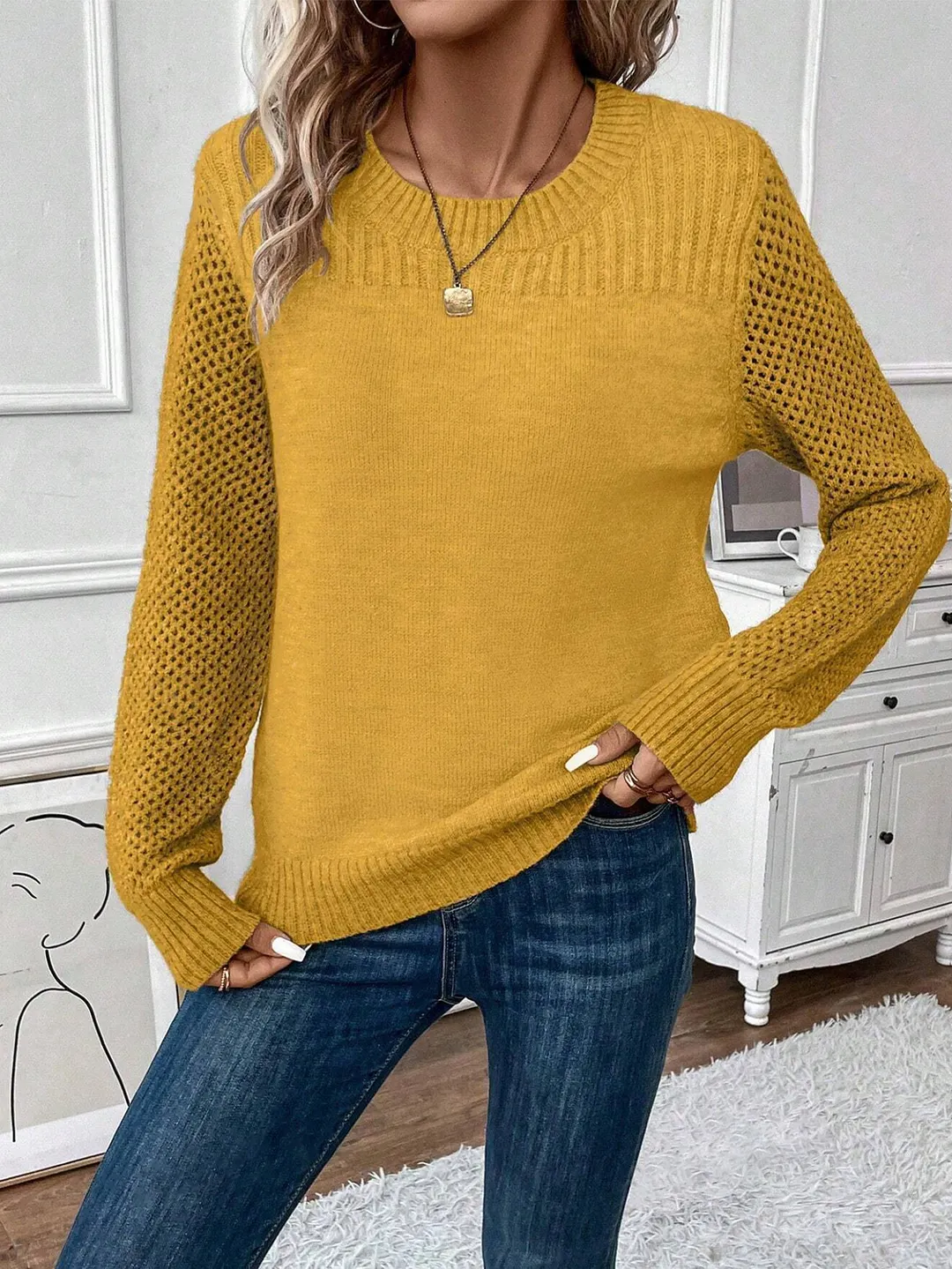Nigikala Nigikala Long Sleeves Solid-Colored Knitted Shirt Thread Hollow Slim Bottom Sweater Woman