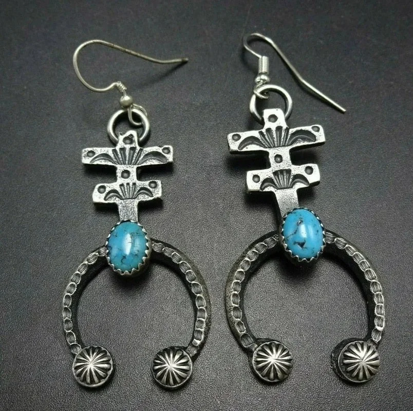 Vingate Oval inlaid Stone hook Dangle earrings Ethnic metal hand-carved pattern horn personality earrings Jewelry