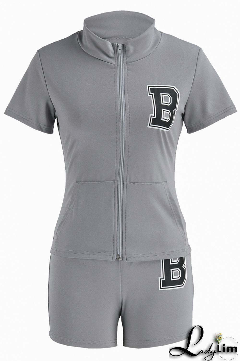 Peacock Blue Fashion Casual Letter Print Basic Zipper Collar Short Sleeve Two Pieces