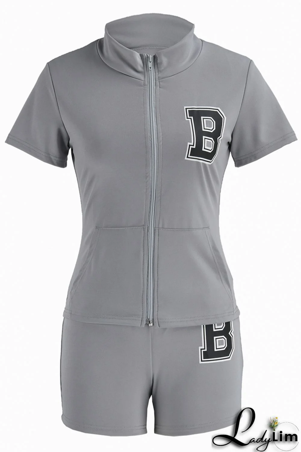 Peacock Blue Fashion Casual Letter Print Basic Zipper Collar Short Sleeve Two Pieces