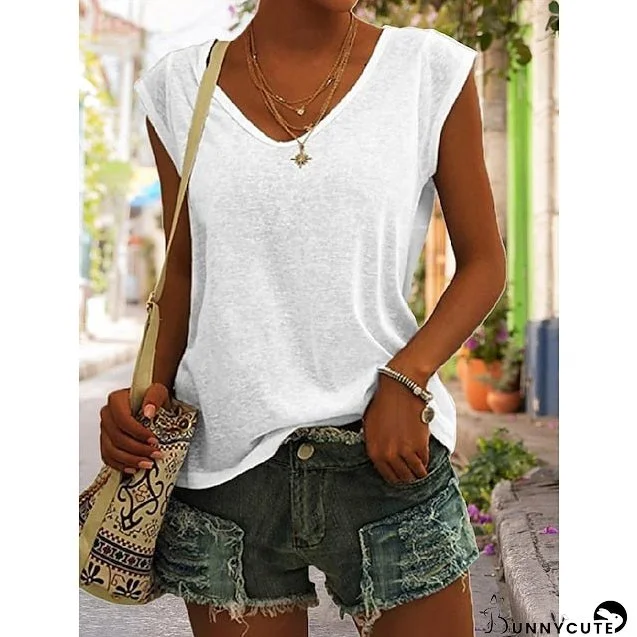 Women&lsquo;s Blouse T shirt Tee Basic Plain Daily V Neck Sleeveless Regular Summer Green White Black Blue Pink