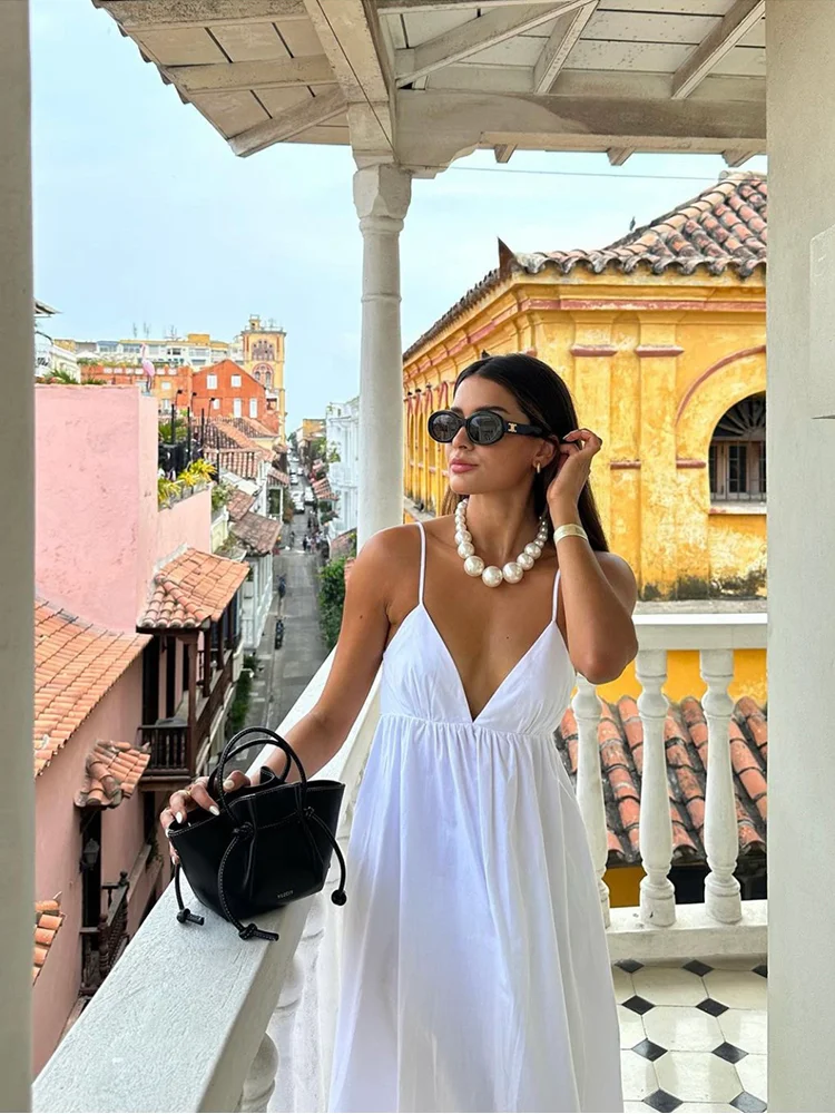 Women's White Elegant Halter Pure V Neck Sexy Backless Spaghetti Strap Long Beach Holiday Casual Party Maxi Dresses