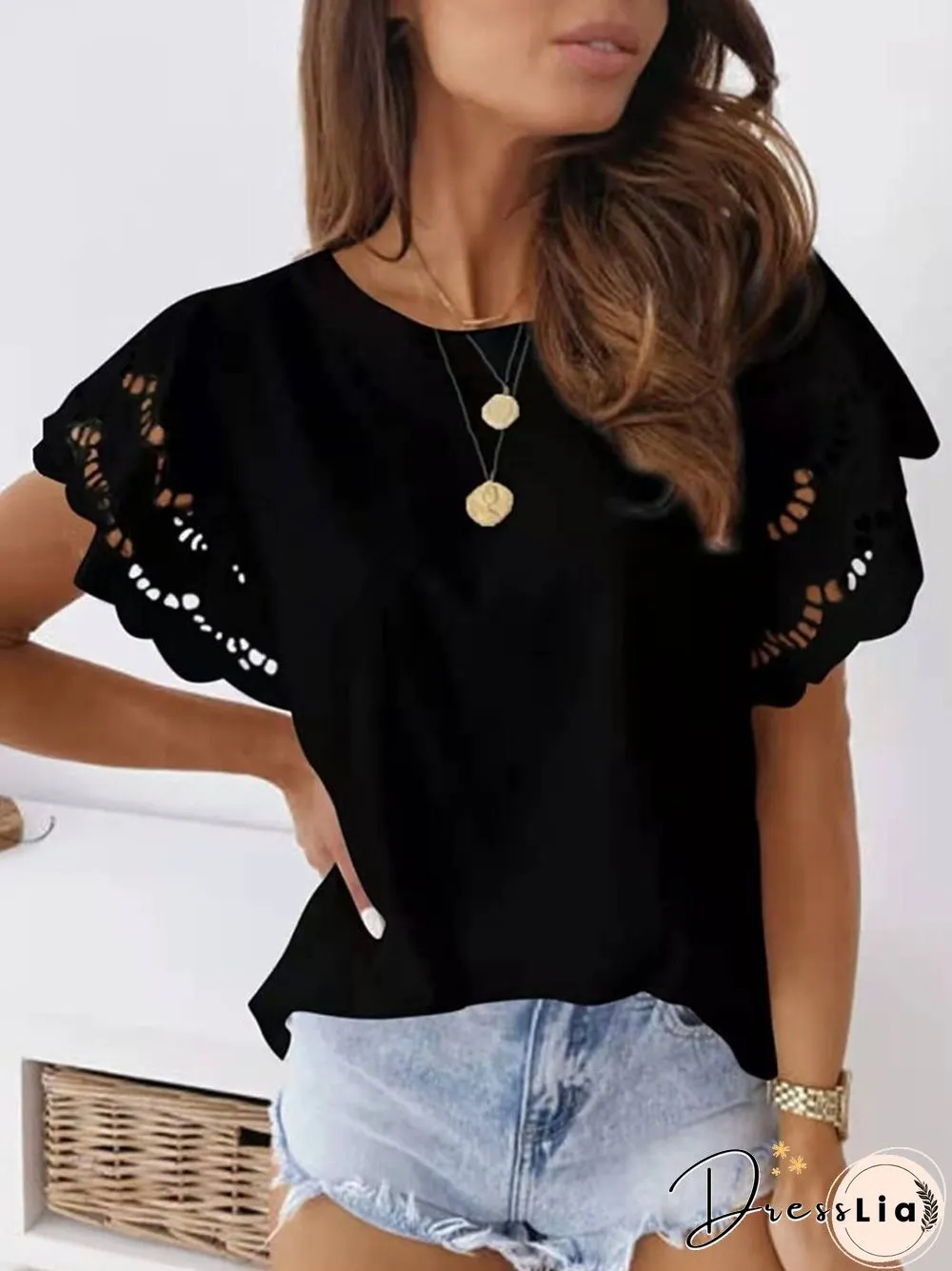 New Spring Summer T-Shirt Womens Round-neck Stitching Lace Feifei Short Sleeve Top Shirts