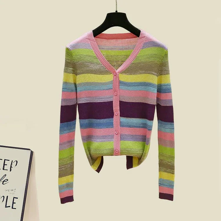 Rainbow Stripe Colorblock V-neck Cardigan Shirt - Modakawa modakawa