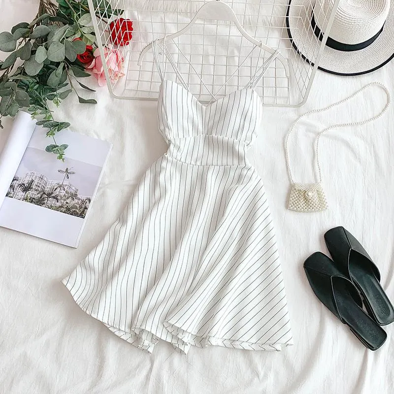 FTLZZ 2020 New Women Sexy V-neck Backless Spaghetti Strap Dress Summer Striped Slim A-line Ladies Sandy Beach Clothes