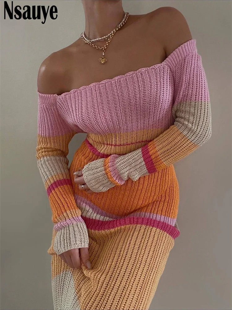 Nsauye Women Sexy Beach Evening Party Knitted Off Shoulder Long Sleeve Bodycon Long Dresses Casual 2022 Summer Y2K Maxi Dress