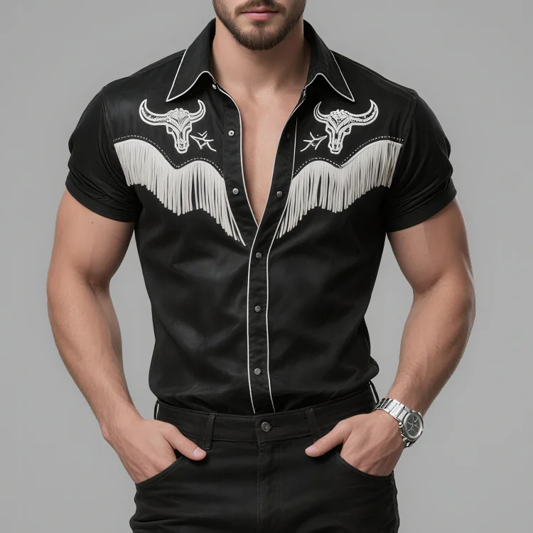 Okaywear Bull Head Embroidery Fringe Button Short Sleeve Shirt Okaywear