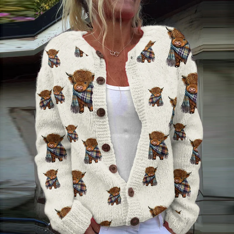 Highland Cow Print Cozy Knit Cardigan
