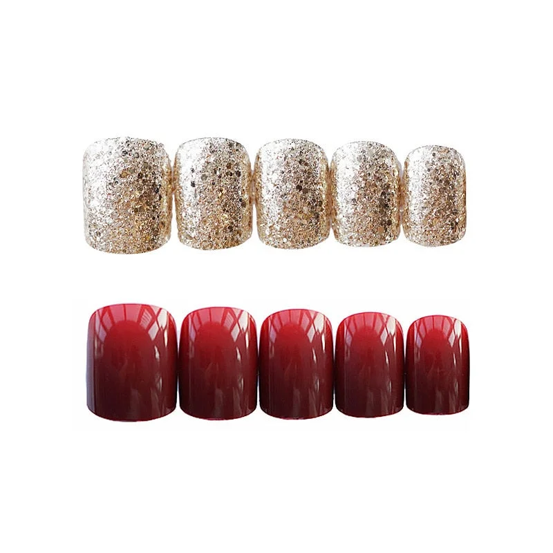 Gorgeous Women Nail Art tools 24pcs/set Red Gold Cady Glitter Color  Fake Nails With Glue Short Full Nail Tips Hybrid Nail TY-Nail Inspo