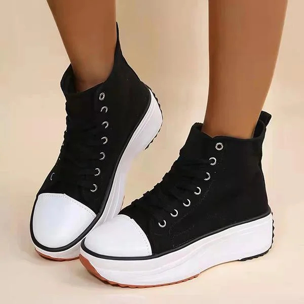 Women's Muffin Platform Round Toe Canvas Lace-up Casual Shoes