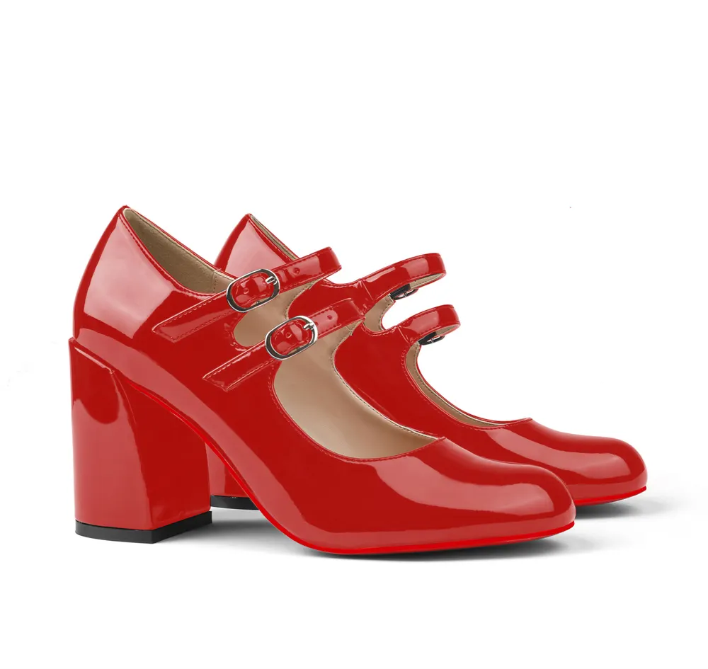 85mm Chunky Low Block Heels Mary Jane Closed Toe Work Pumps Comfortable Round Toe Dress Wedding Red Bottom Shoes-vocosishoes