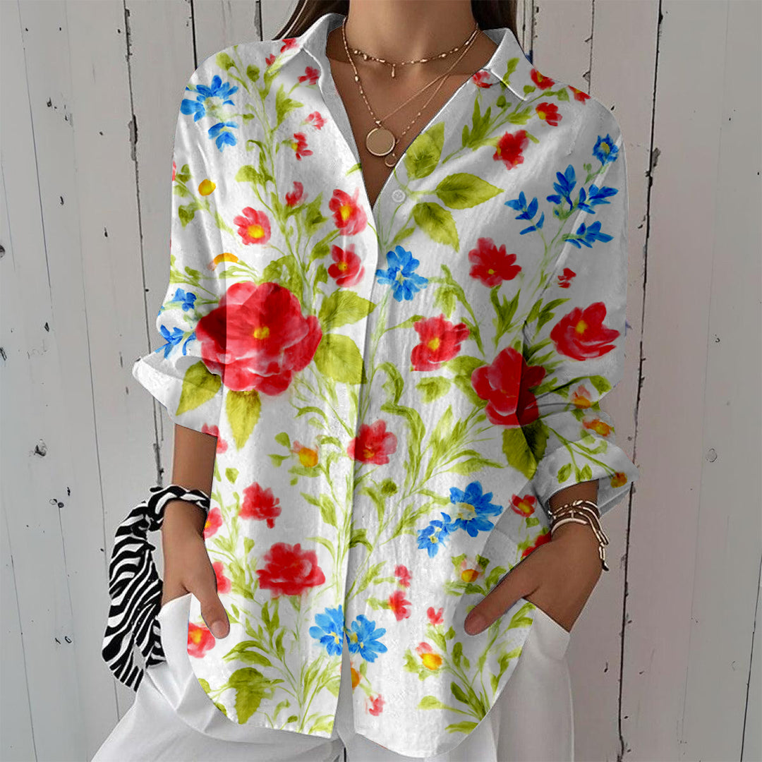Women Long Sleeve V-neck Graphic Floral Printed Top