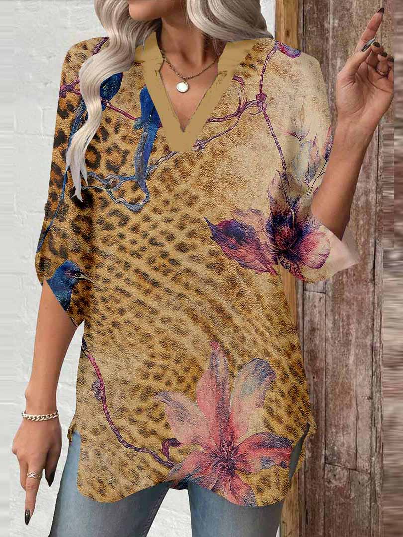 Women Bird, Flower, Brown DZGA0482 3/4 Sleeve V-neck Printed Graphic Button Tops
