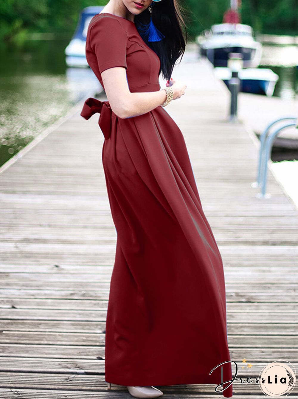 Solid Short Sleeve Pocket Crew Neck Maxi Dress