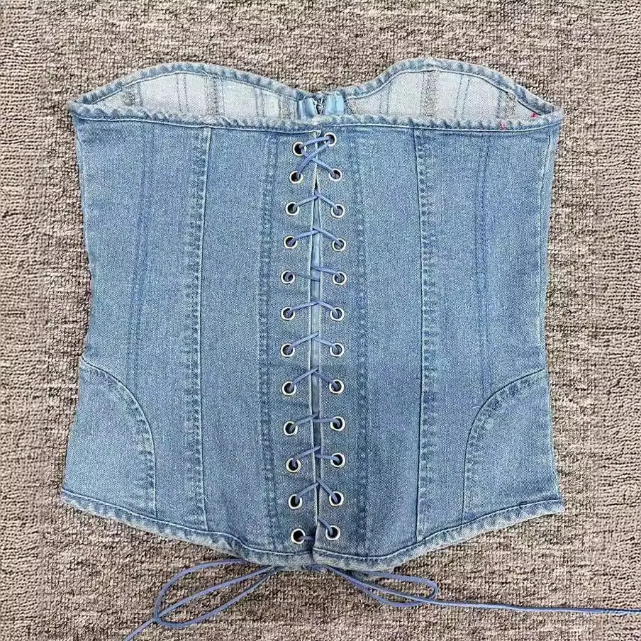 Churchf Churchf Spring / Summer 2023 Women's Wave Collar Fishbone Slim Strap Solid Color Denim Strapless Vest