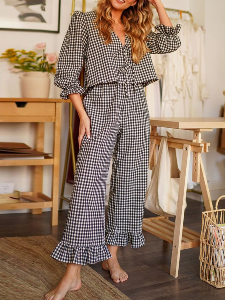 Wimawait costumes for women hot Women Casual Plaid Sets Ruffled Puff Sleeve Tie Front Peplum Shirt Blouse Top High Waist Pants Set 2 Piece Outfits Set