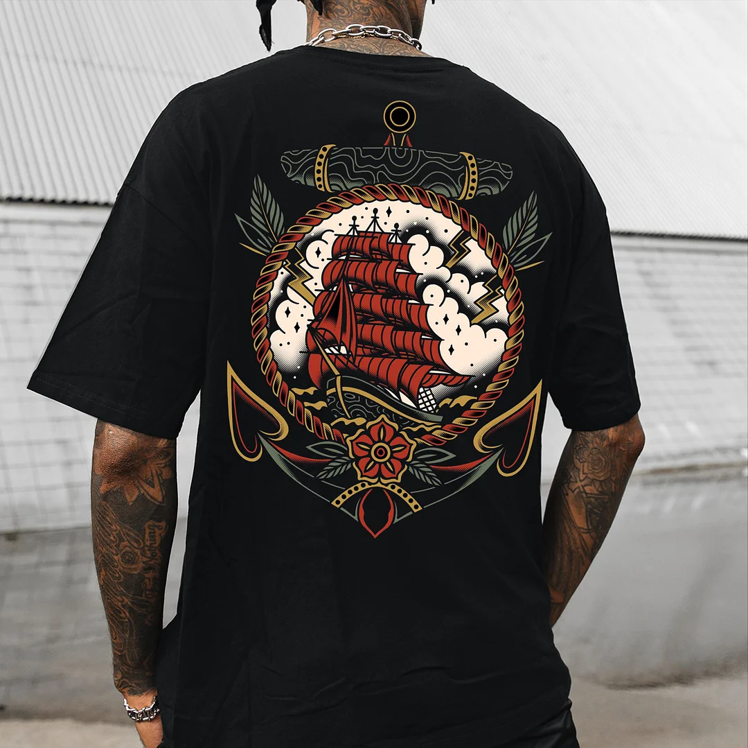 Sailing Boat with Flowers Coastal Style Black Print T-Shirt