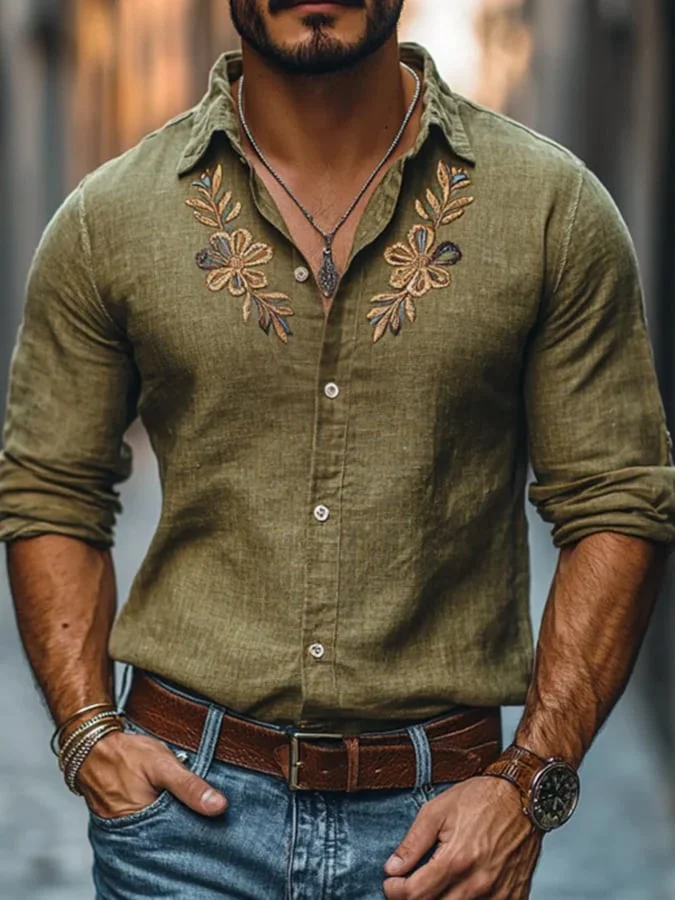 Men's Casual Linen Embroidered Lapel Long Sleeve Shirt