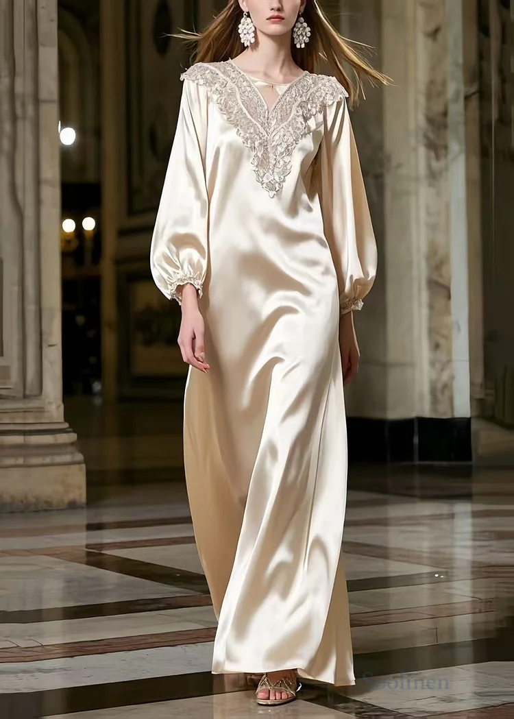 Women Champagne Lace Neck Draping Silk Robe Dresses Spring
