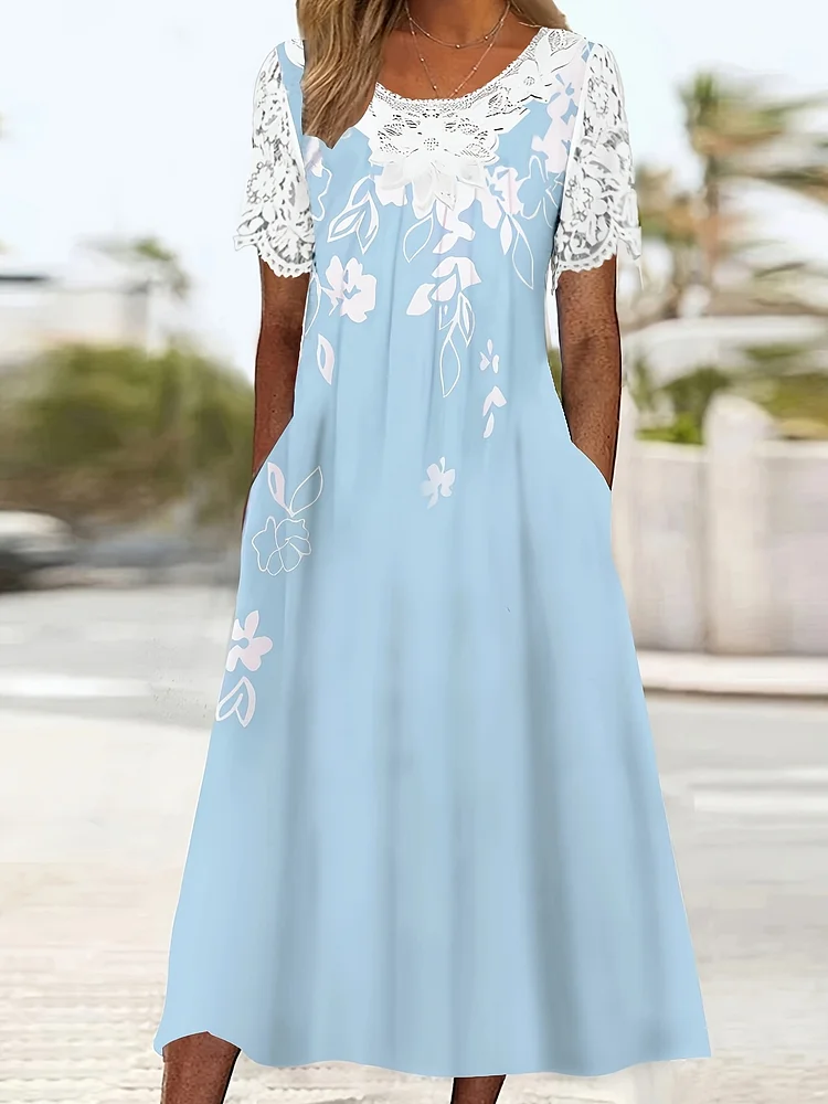 Women's Short Sleeve Round Neck Lace Patchwork Pockets Flower Print Fashion Elegant Dress