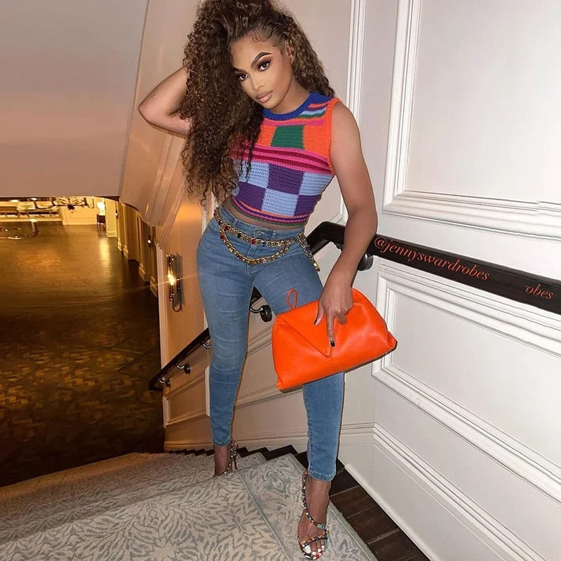 BIIKPIIK Knitted Vests Fashion Women's Crop Tops Color-blocking Print Vintage High Streetwear Sleeveless Tank Tees Casual Summer